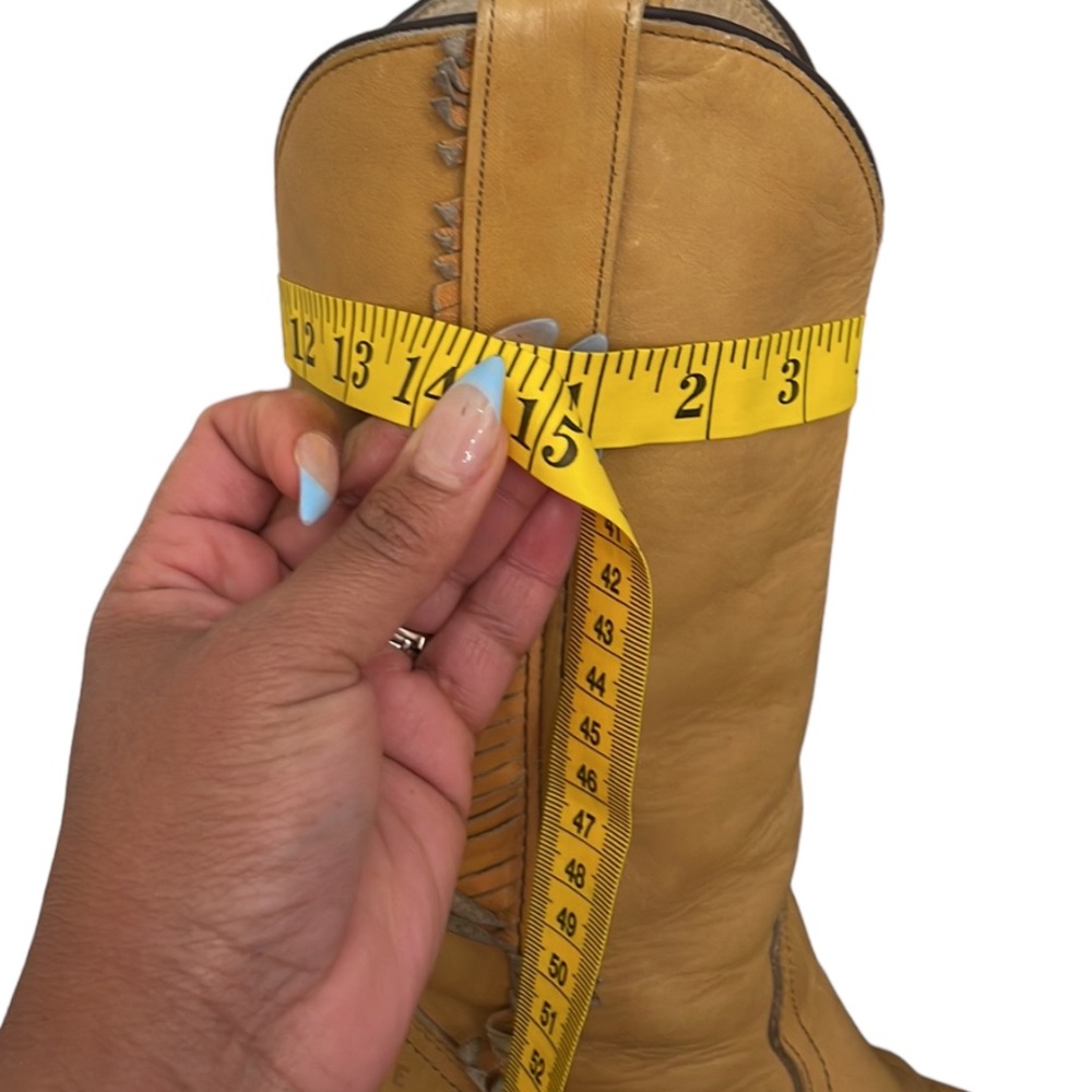 Frye Tan Leather Fringe Western Heeled Boots - Picture 7 of 10